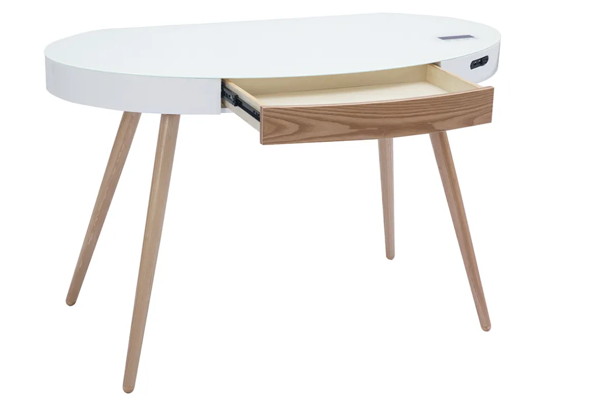Online Miliboo Escritorio conectado multimedia - Vidrio blanco y madera clara HANDY