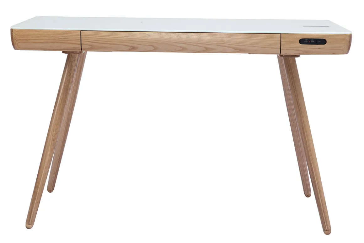 Cheap Miliboo Escritorio conectado multimedia - Cristal blanco y madera CLEVER