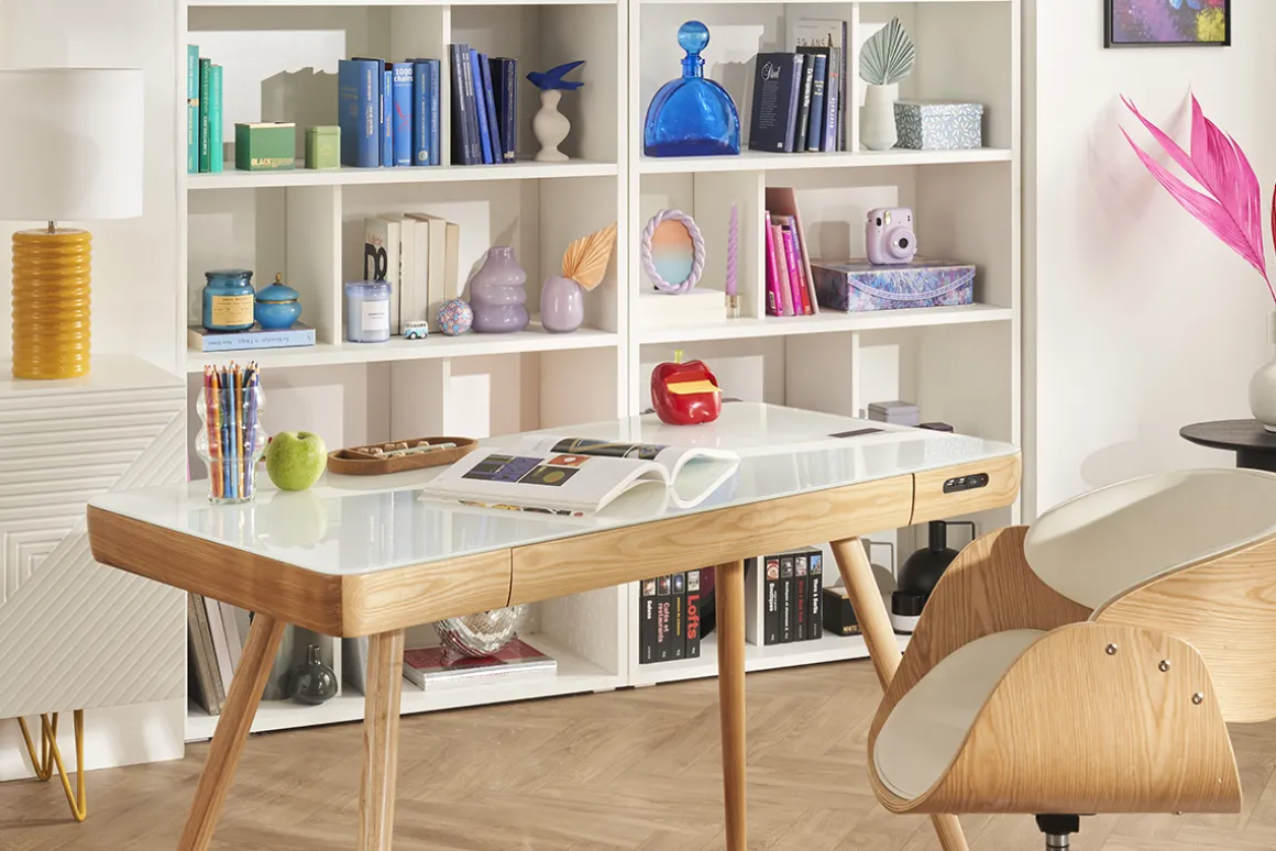 Cheap Miliboo Escritorio conectado multimedia - Cristal blanco y madera CLEVER