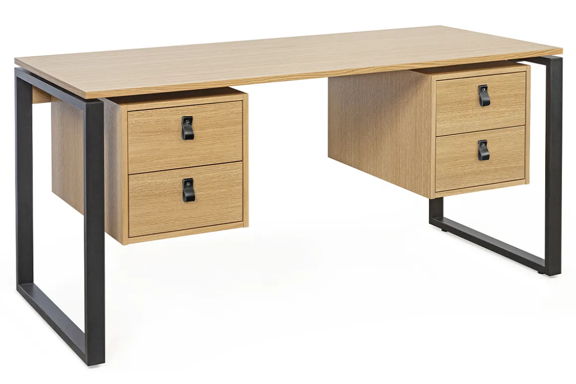 Store Miliboo Escritorio de contrachapado de roble y metal negro con 2 compartimentos 160 cm OPAL
