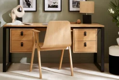 Store Miliboo Escritorio de contrachapado de roble y metal negro con 2 compartimentos 160 cm OPAL
