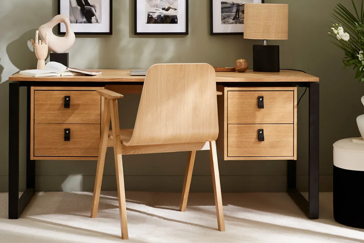 Store Miliboo Escritorio de contrachapado de roble y metal negro con 2 compartimentos 160 cm OPAL