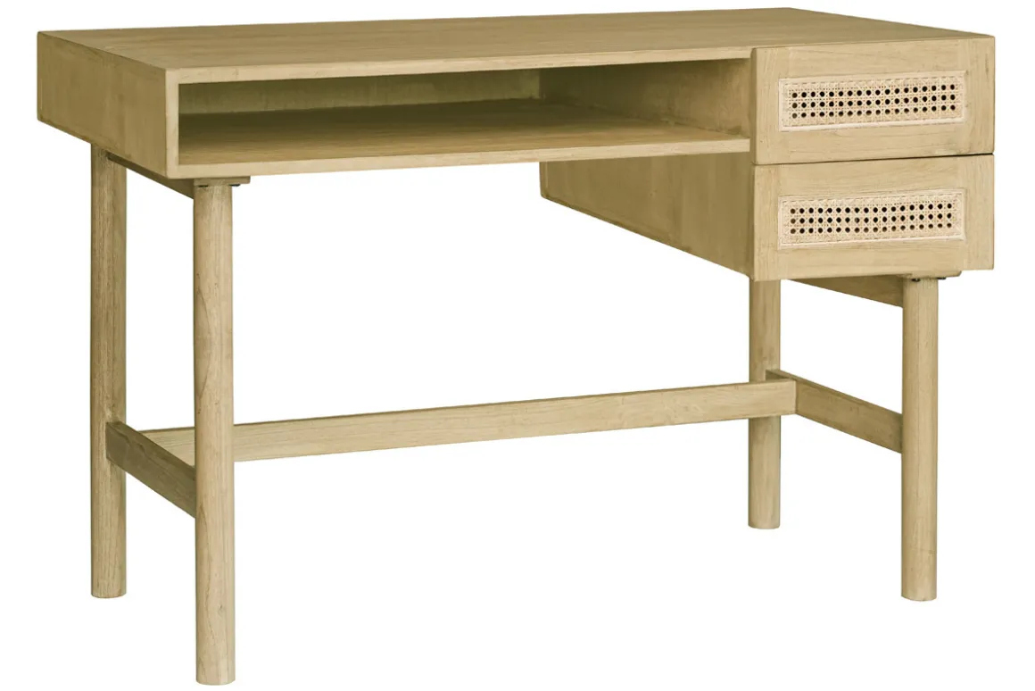 Hot Miliboo Escritorio de madera clara con cajonera de caña de ratán 120 cm GALINA