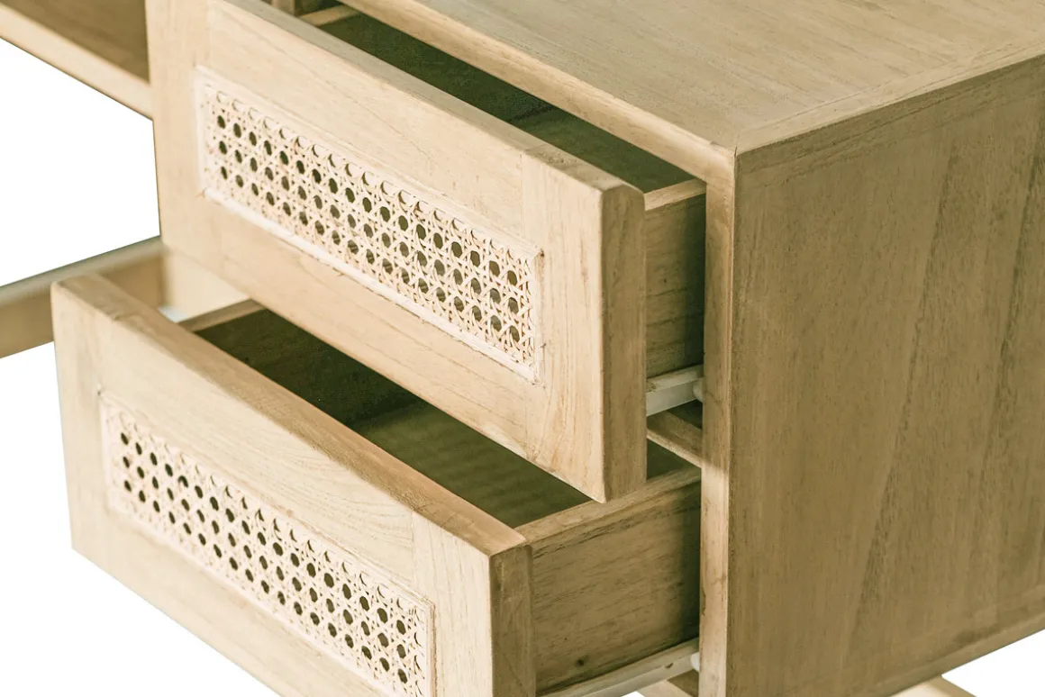 Hot Miliboo Escritorio de madera clara con cajonera de caña de ratán 120 cm GALINA