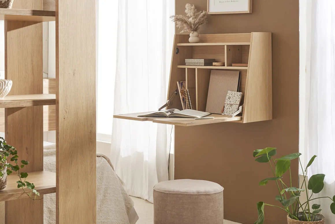 Discount Miliboo Escritorio de pared vintage de roble con cajonera 78 cm GABIN