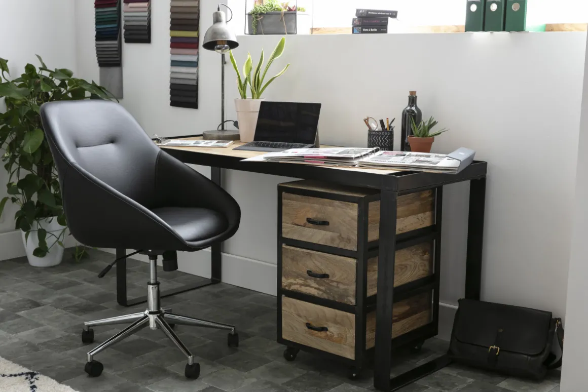 Online Miliboo Escritorio industrial con cajonera móvil en mango macizo L156 cm INDUSTRIA