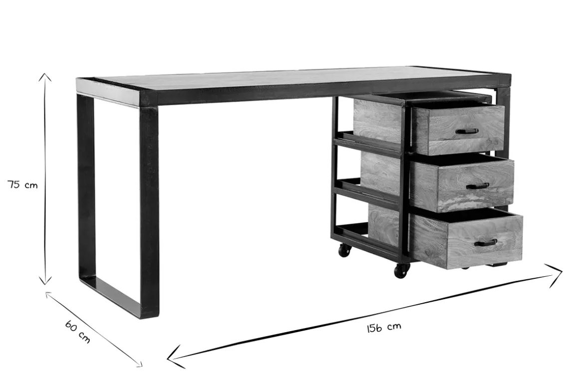 Online Miliboo Escritorio industrial con cajonera móvil en mango macizo L156 cm INDUSTRIA