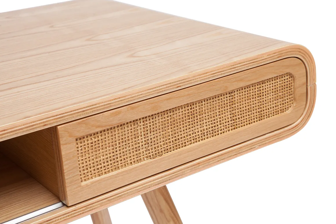 Sale Miliboo Escritorio vintage con almacenaje de madera clara y caña 120 cm OLYMPE