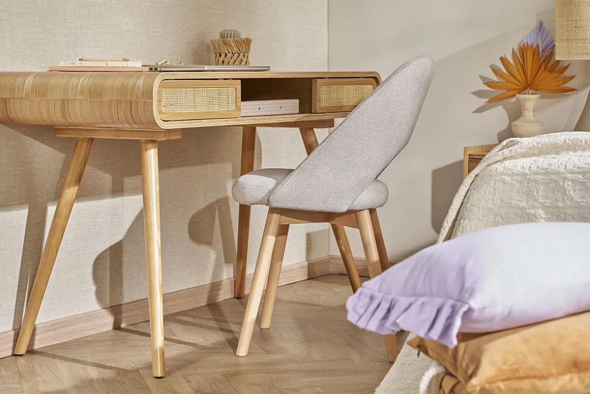 Sale Miliboo Escritorio vintage con almacenaje de madera clara y caña 120 cm OLYMPE