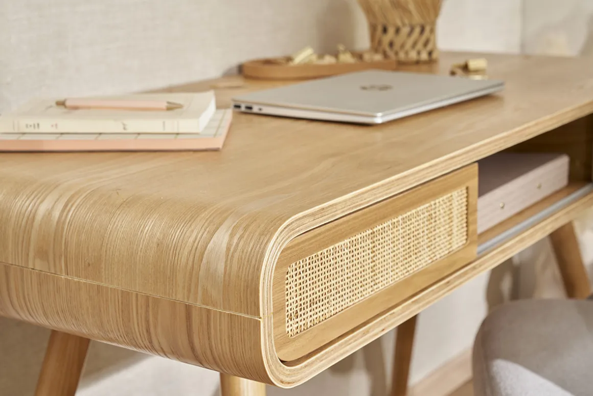 Sale Miliboo Escritorio vintage con almacenaje de madera clara y caña 120 cm OLYMPE