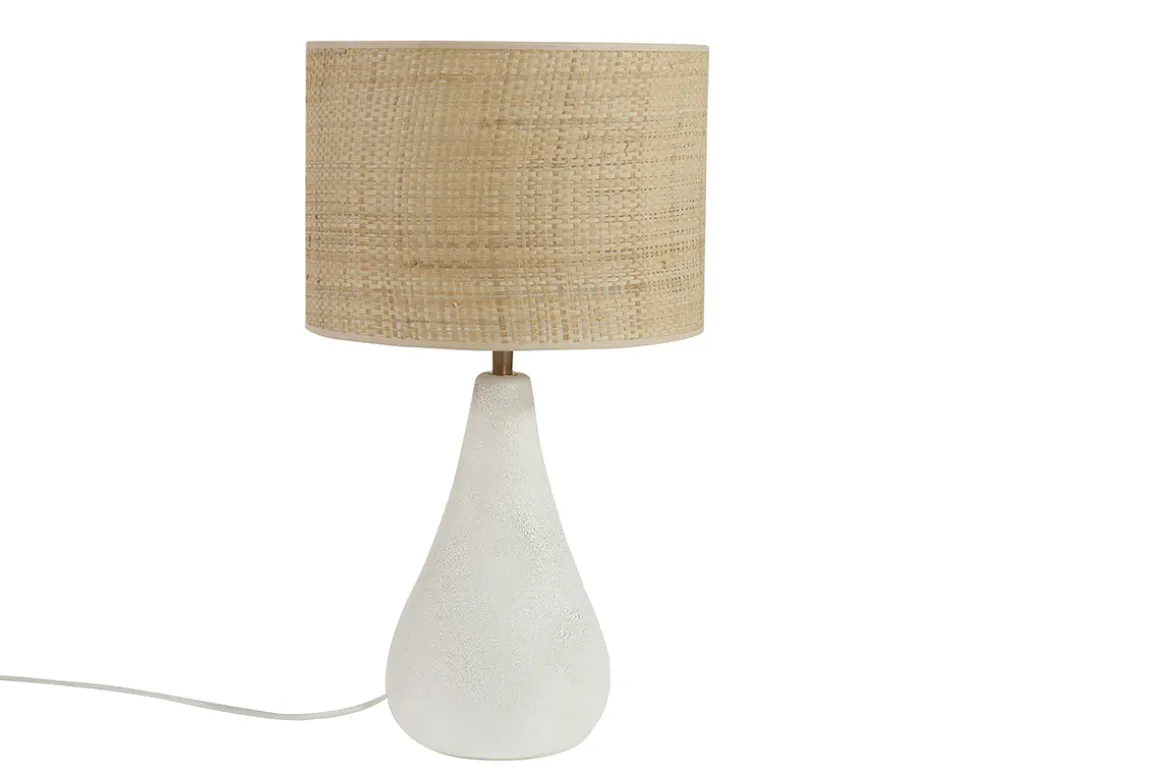 Hot Miliboo Lámpara de mesa blanca de cerámica efecto piedra con pantalla de rafia 49 cm PYRUS