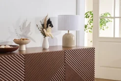 Flash Sale Miliboo Lámpara de mesa color topo de cerámica brillante con pantalla de tela plisada blanca 35 cm PIEGA