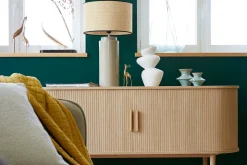 Best Sale Miliboo Lámpara de mesa de cerámica esmaltada color topo con pantalla de rafia MAJES