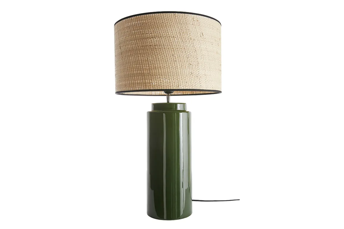 Sale Miliboo Lámpara de mesa de cerámica esmaltada verde con pantalla de rafia natural 64 cm MAJES