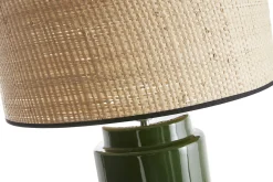 Sale Miliboo Lámpara de mesa de cerámica esmaltada verde con pantalla de rafia natural 64 cm MAJES