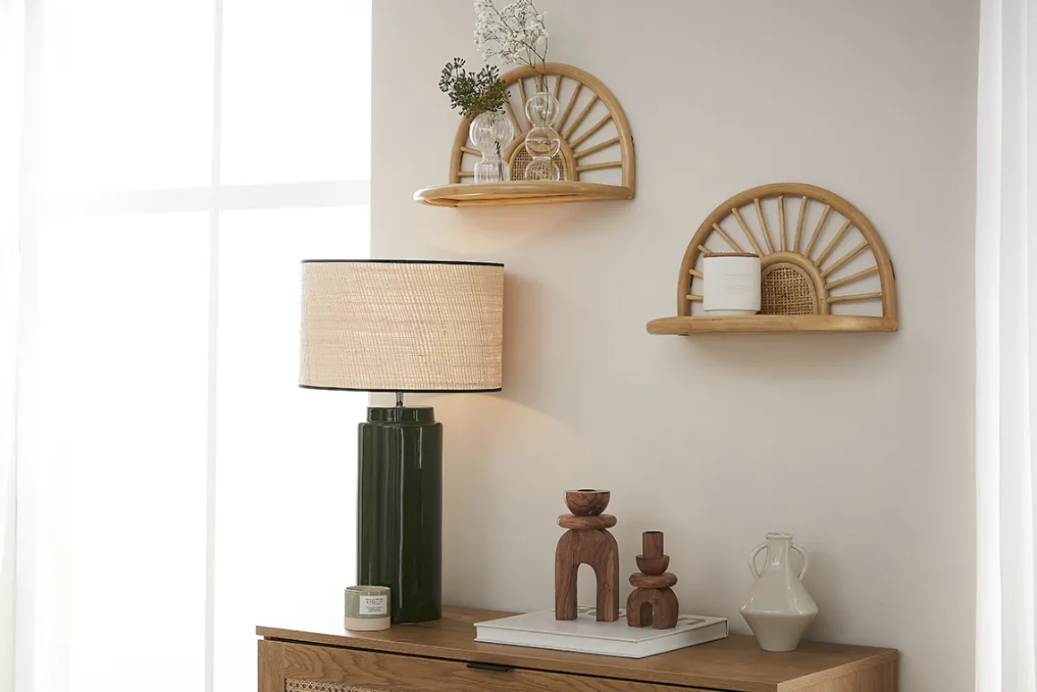 Sale Miliboo Lámpara de mesa de cerámica esmaltada verde con pantalla de rafia natural 64 cm MAJES
