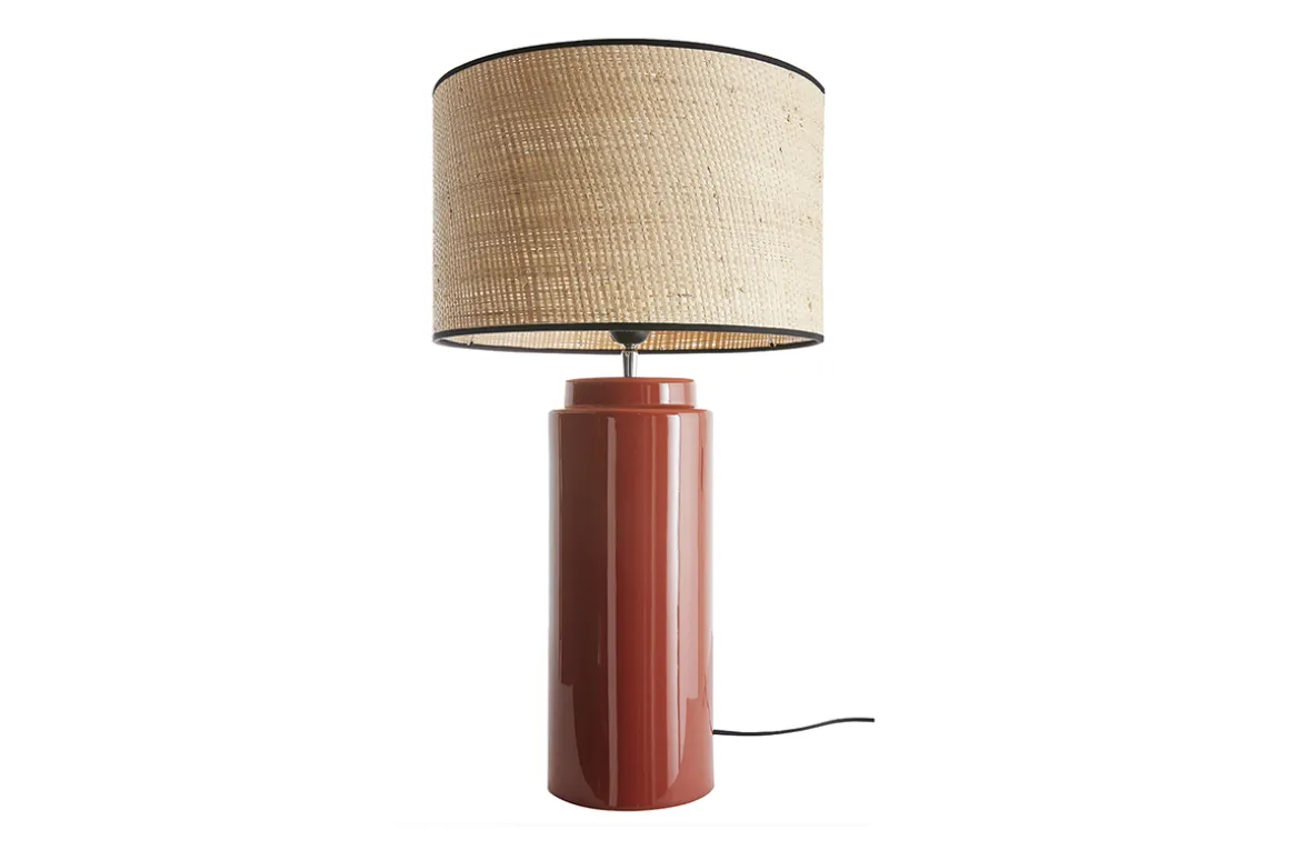 Online Miliboo Lámpara de mesa de cerámica esmaltada terracota con pantalla de rafia natural 64 cm MAJES