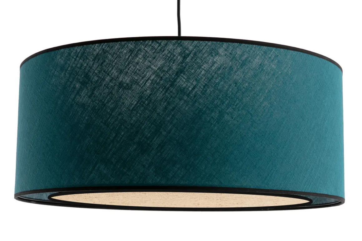 Shop Miliboo Lámpara de techo de lino azul pavo y rafia 50 cm de diám. TRAVES