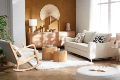 New Miliboo Mecedora nórdica de madera clara y tela efecto aterciopelado beige DERRY