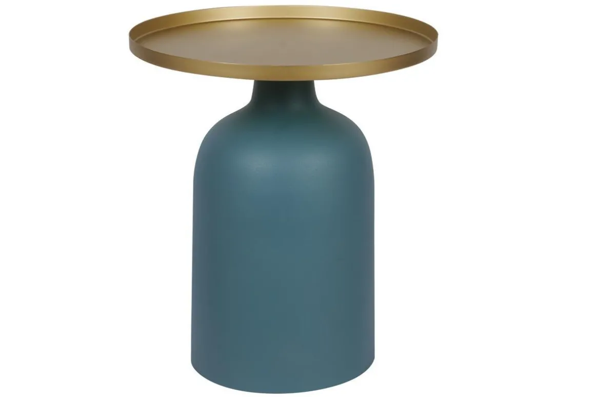Shop Miliboo Mesa auxiliar de diseño redondo de metal azul petróleo mate y tablero dorado RAMSES
