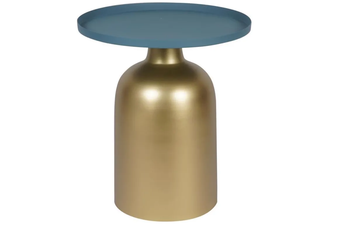 Online Miliboo Mesa auxiliar de diseño redondo de metal dorado con el tablero azul petróleo mate RAMSES
