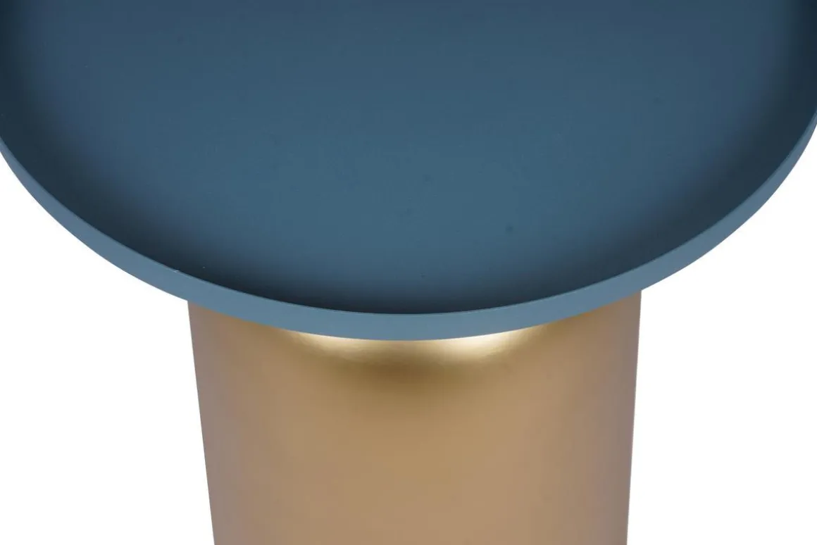 Online Miliboo Mesa auxiliar de diseño redondo de metal dorado con el tablero azul petróleo mate RAMSES