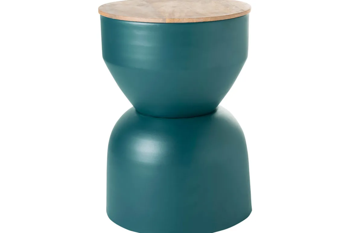 Shop Miliboo Mesa auxiliar redonda de diseño con almacenaje de metal azul petróleo y madera maciza de mango 30 cm YOYO