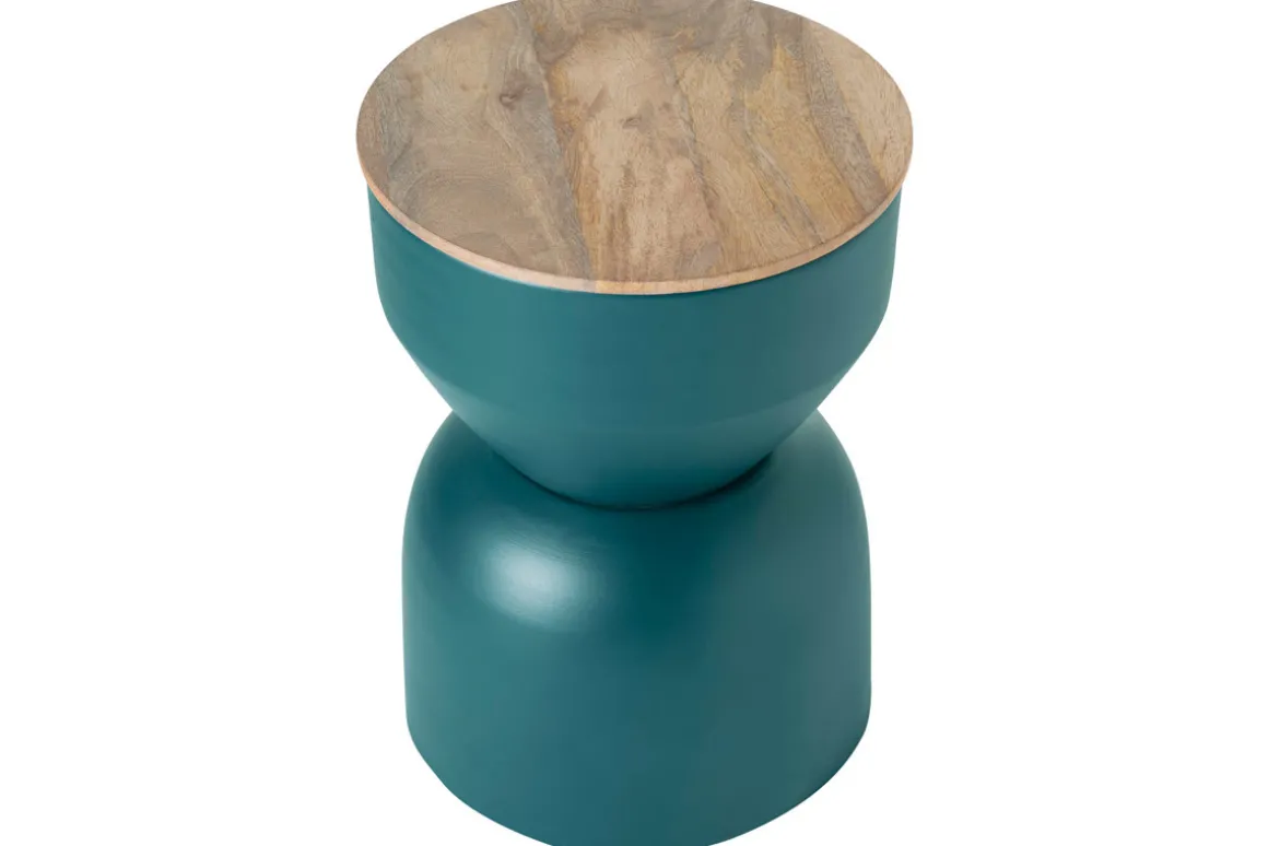 Shop Miliboo Mesa auxiliar redonda de diseño con almacenaje de metal azul petróleo y madera maciza de mango 30 cm YOYO