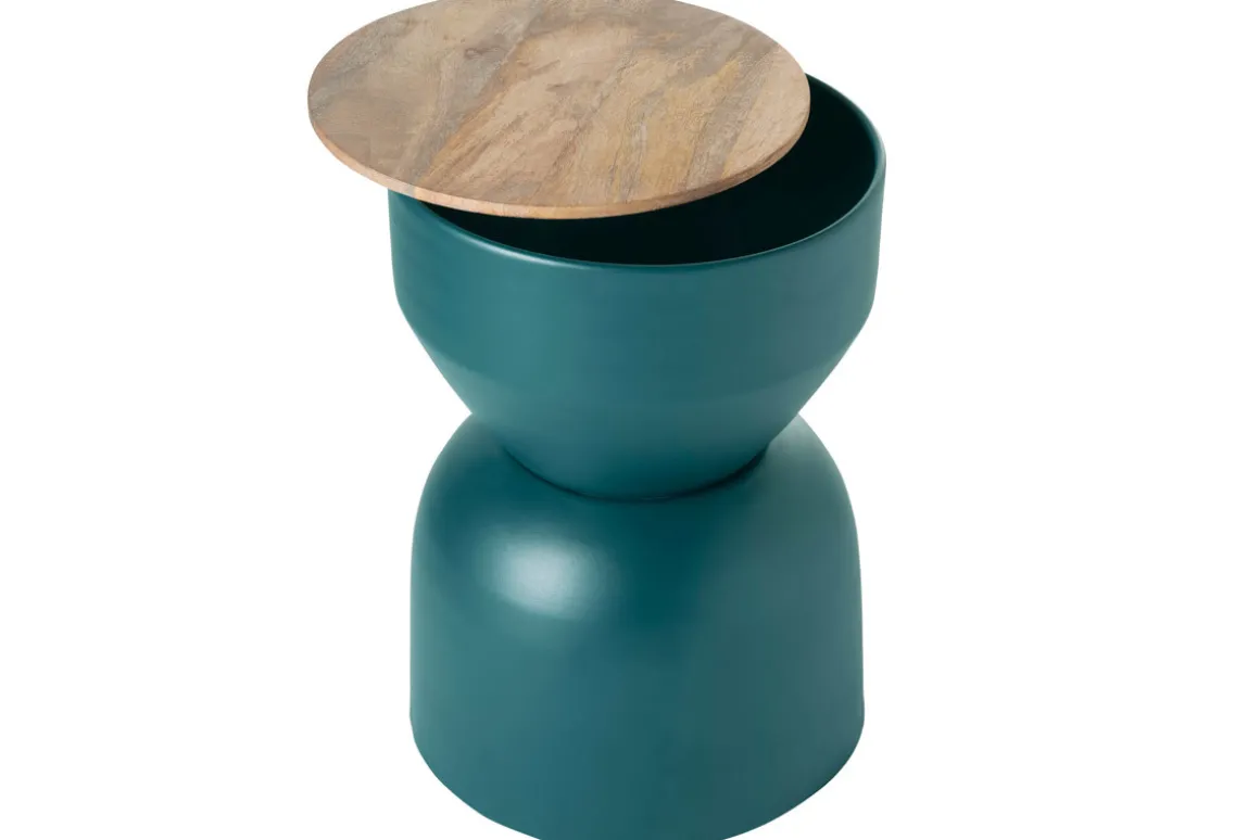 Shop Miliboo Mesa auxiliar redonda de diseño con almacenaje de metal azul petróleo y madera maciza de mango 30 cm YOYO
