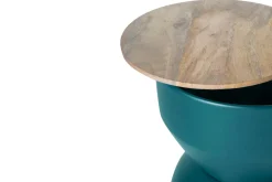 Shop Miliboo Mesa auxiliar redonda de diseño con almacenaje de metal azul petróleo y madera maciza de mango 30 cm YOYO