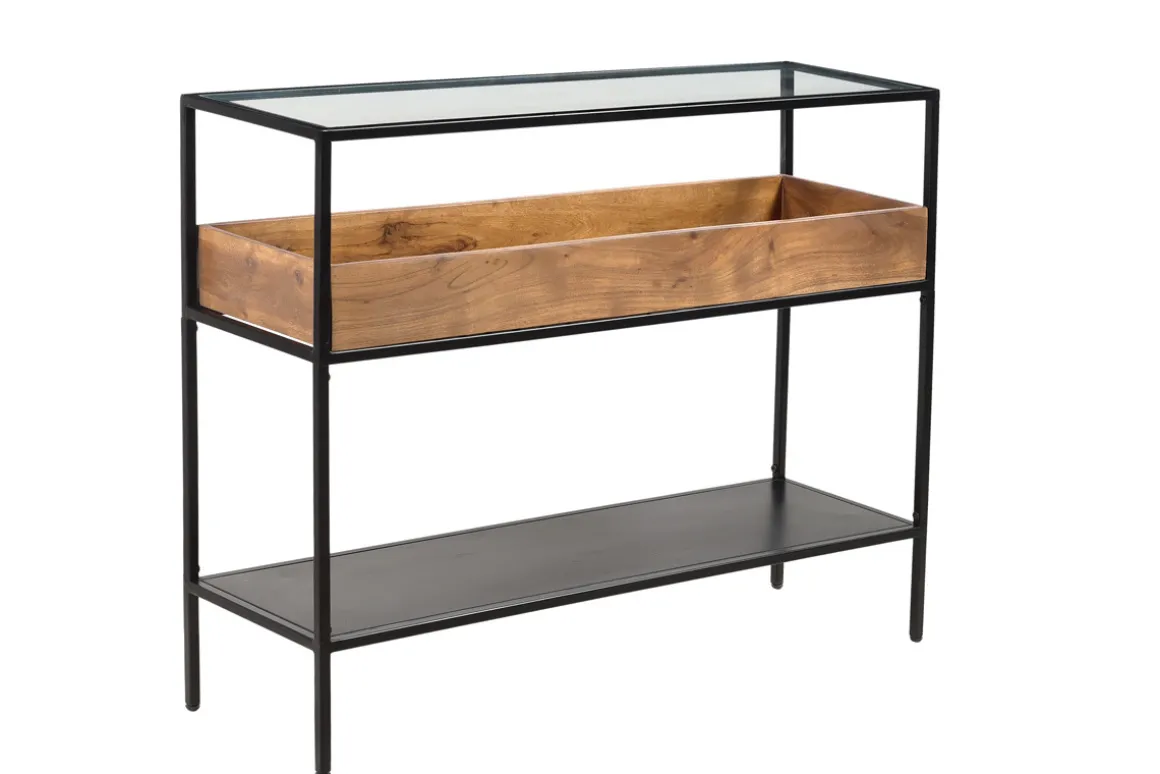 Best Sale Miliboo Mesa consola de metal negro con tablero de cristal y estante de madera maciza 100 cm HAORA