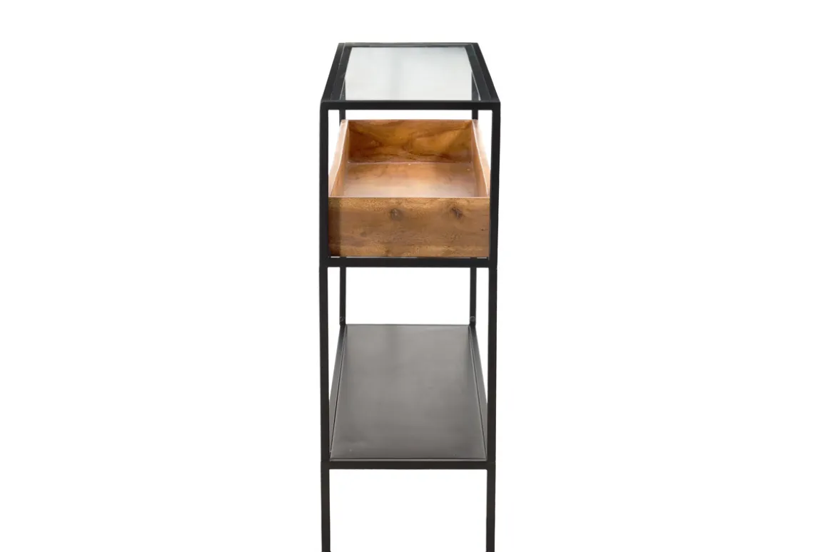 Best Sale Miliboo Mesa consola de metal negro con tablero de cristal y estante de madera maciza 100 cm HAORA