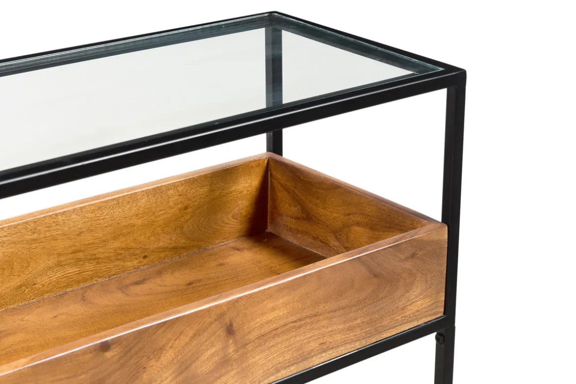 Best Sale Miliboo Mesa consola de metal negro con tablero de cristal y estante de madera maciza 100 cm HAORA