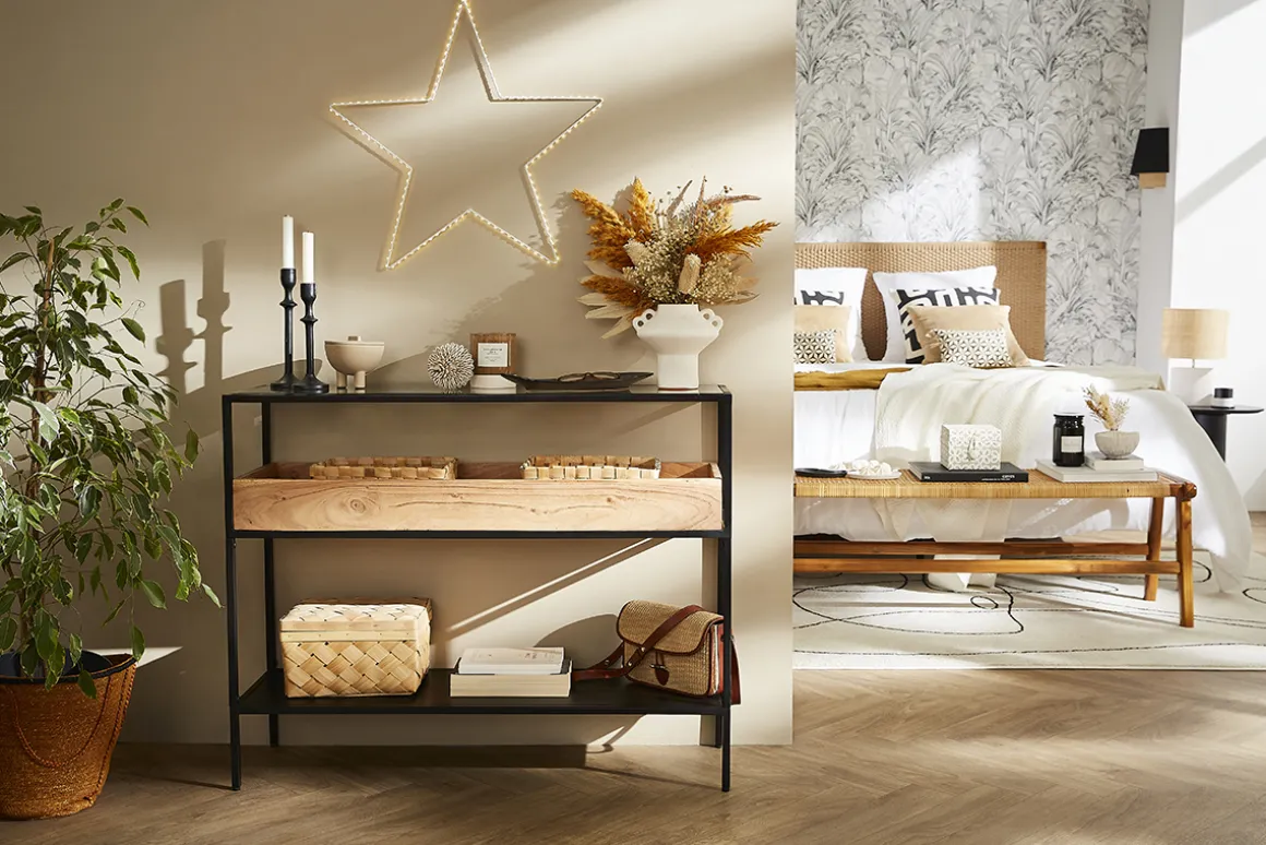 Best Sale Miliboo Mesa consola de metal negro con tablero de cristal y estante de madera maciza 100 cm HAORA