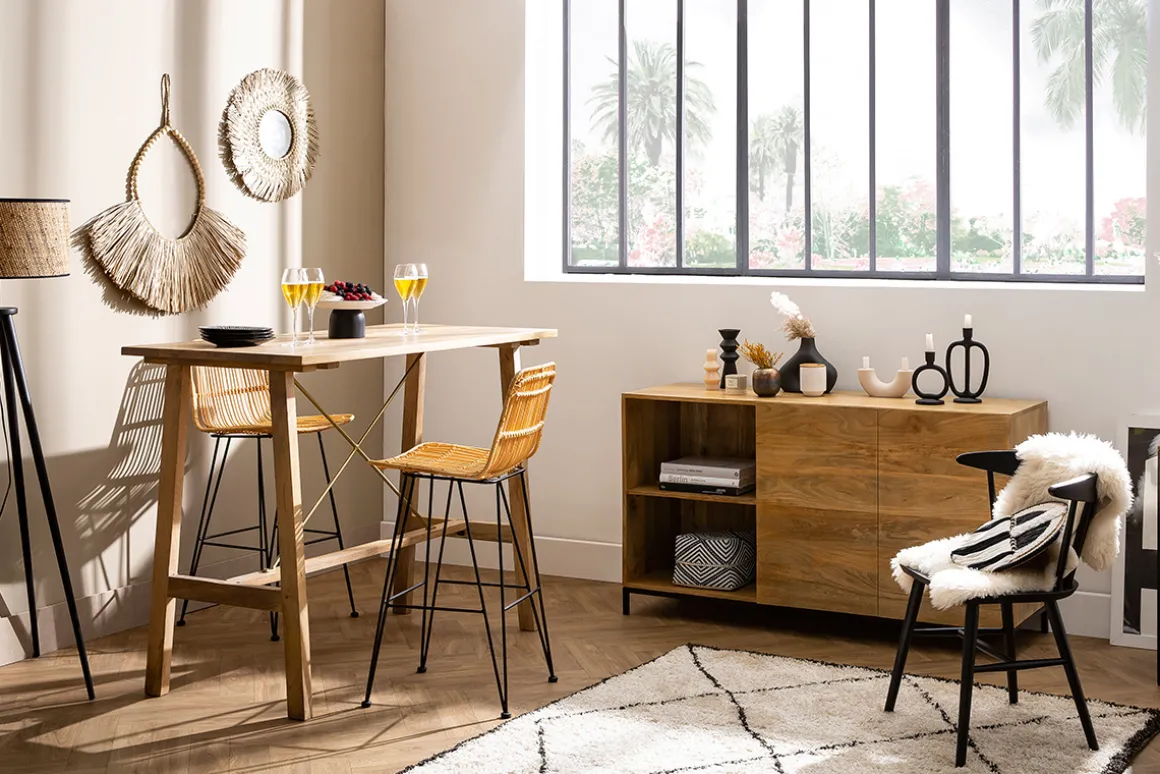 Store Miliboo Mesa de bar en mango macizo y metal dorado L130 cm MARGHA