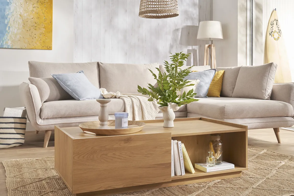 Discount Miliboo Mesa de centro con almacenaje y acabado roble claro, 2 cajones 120 cm MADERO