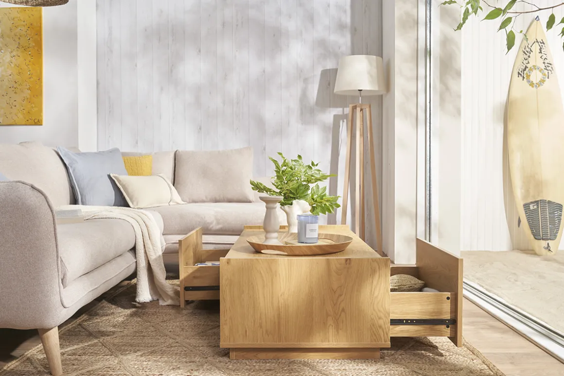 Discount Miliboo Mesa de centro con almacenaje y acabado roble claro, 2 cajones 120 cm MADERO