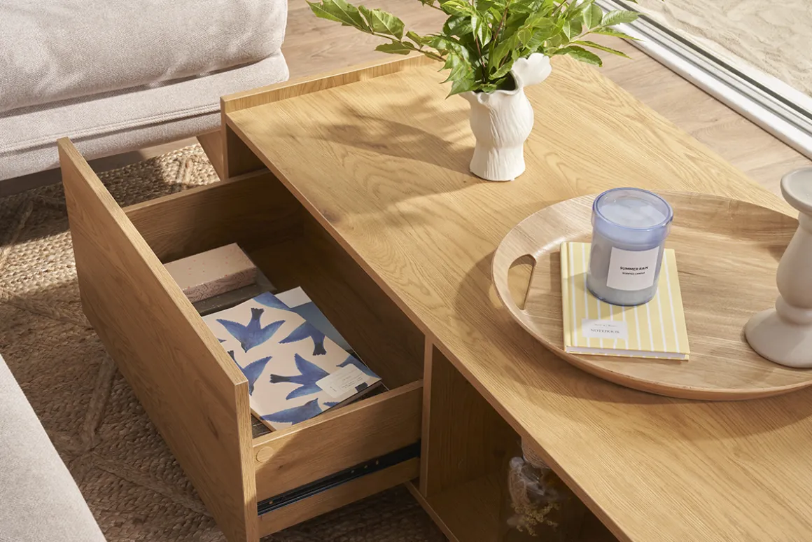 Discount Miliboo Mesa de centro con almacenaje y acabado roble claro, 2 cajones 120 cm MADERO