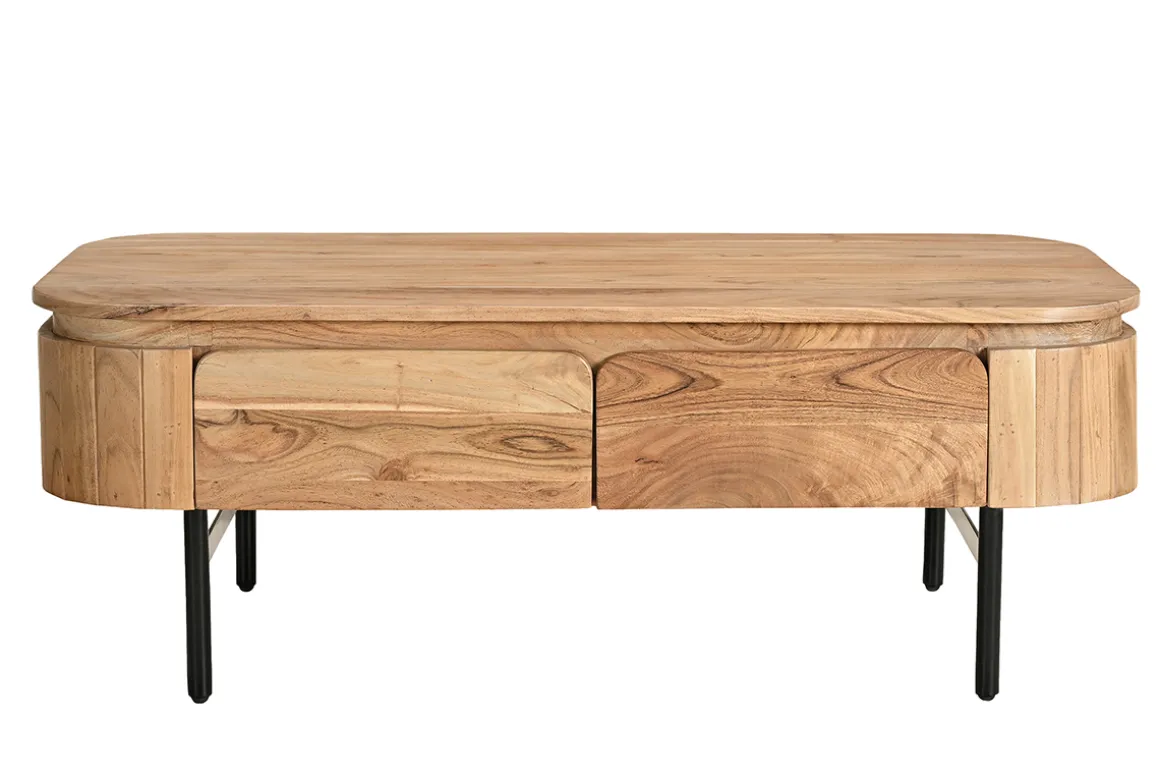 New Miliboo Mesa de centro con almacenaje de madera maciza y metal negro con 4 cajones 115 cm NAPOLI