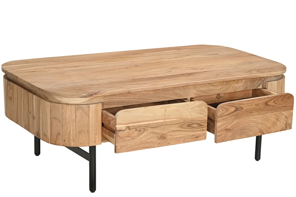 New Miliboo Mesa de centro con almacenaje de madera maciza y metal negro con 4 cajones 115 cm NAPOLI