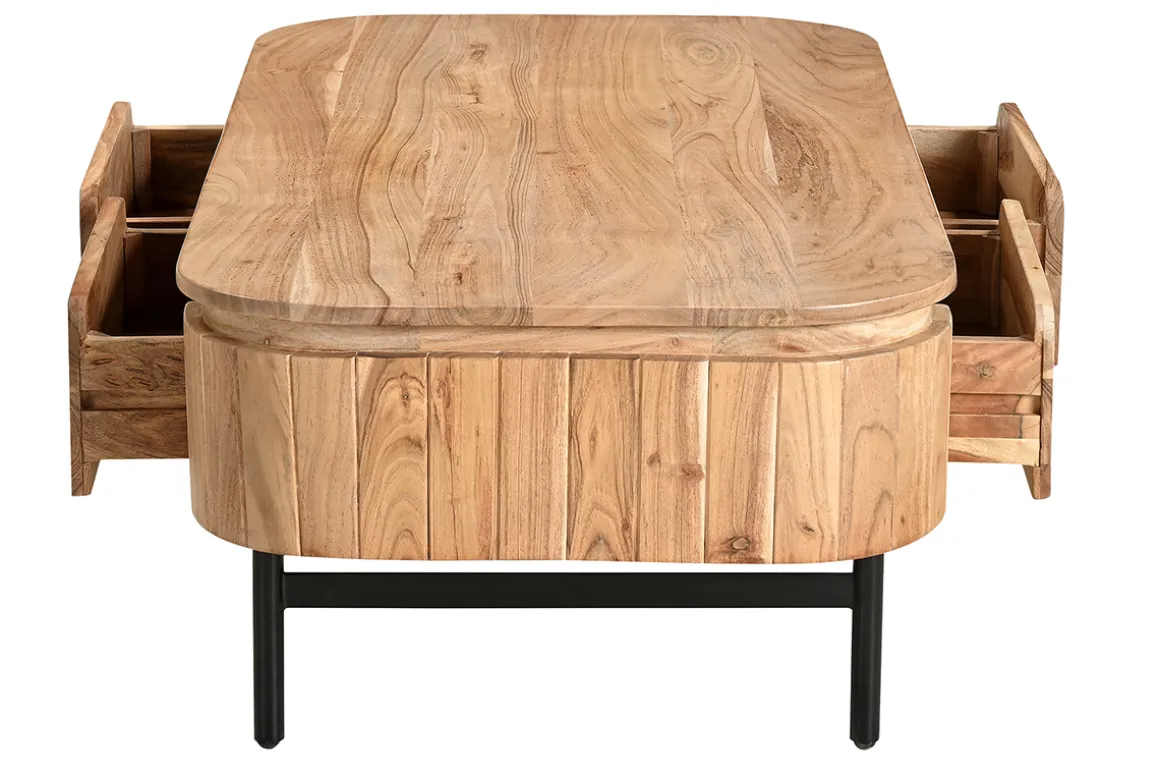 New Miliboo Mesa de centro con almacenaje de madera maciza y metal negro con 4 cajones 115 cm NAPOLI