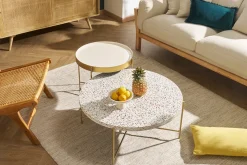 Best Sale Miliboo Mesa de centro de diseño redonda de terrazo y metal dorado 81 cm diám. MEZZO