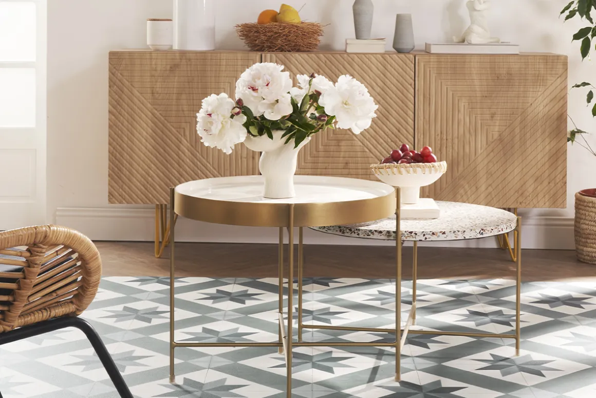 Store Miliboo Mesa de centro de diseño redonda en terrazo y metal dorado 55 cm diám. MEZZO