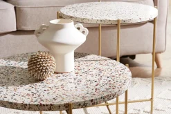 Store Miliboo Mesa de centro de diseño redonda en terrazo y metal dorado 55 cm diám. MEZZO