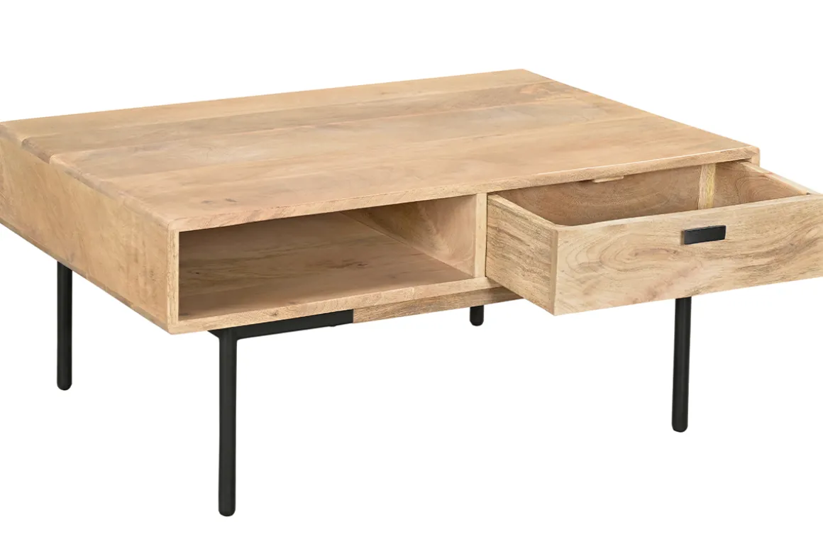 Hot Miliboo Mesa de centro rectangular con 2 cajones de madera maciza de mango y metal negro 100 cm JUDE