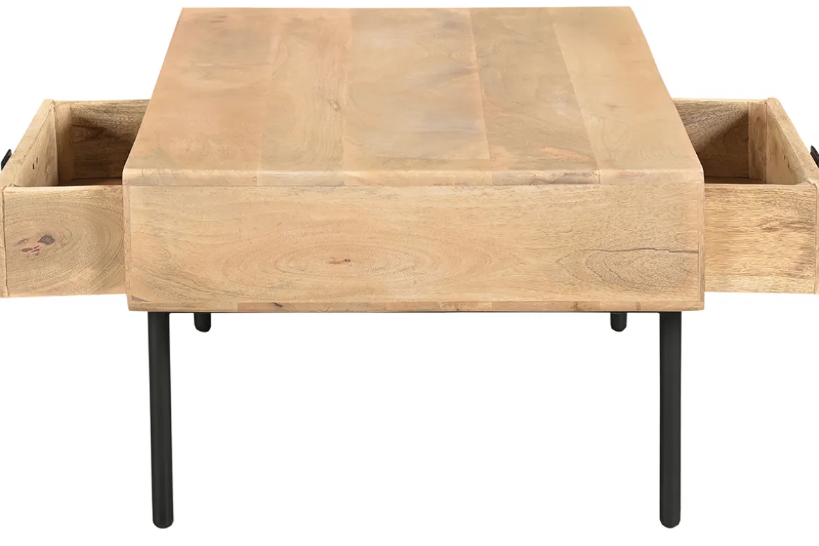 Hot Miliboo Mesa de centro rectangular con 2 cajones de madera maciza de mango y metal negro 100 cm JUDE