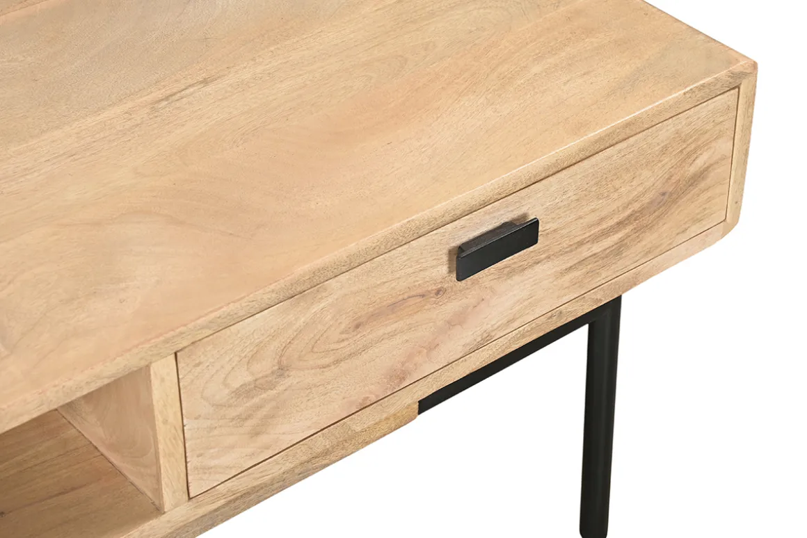 Hot Miliboo Mesa de centro rectangular con 2 cajones de madera maciza de mango y metal negro 100 cm JUDE