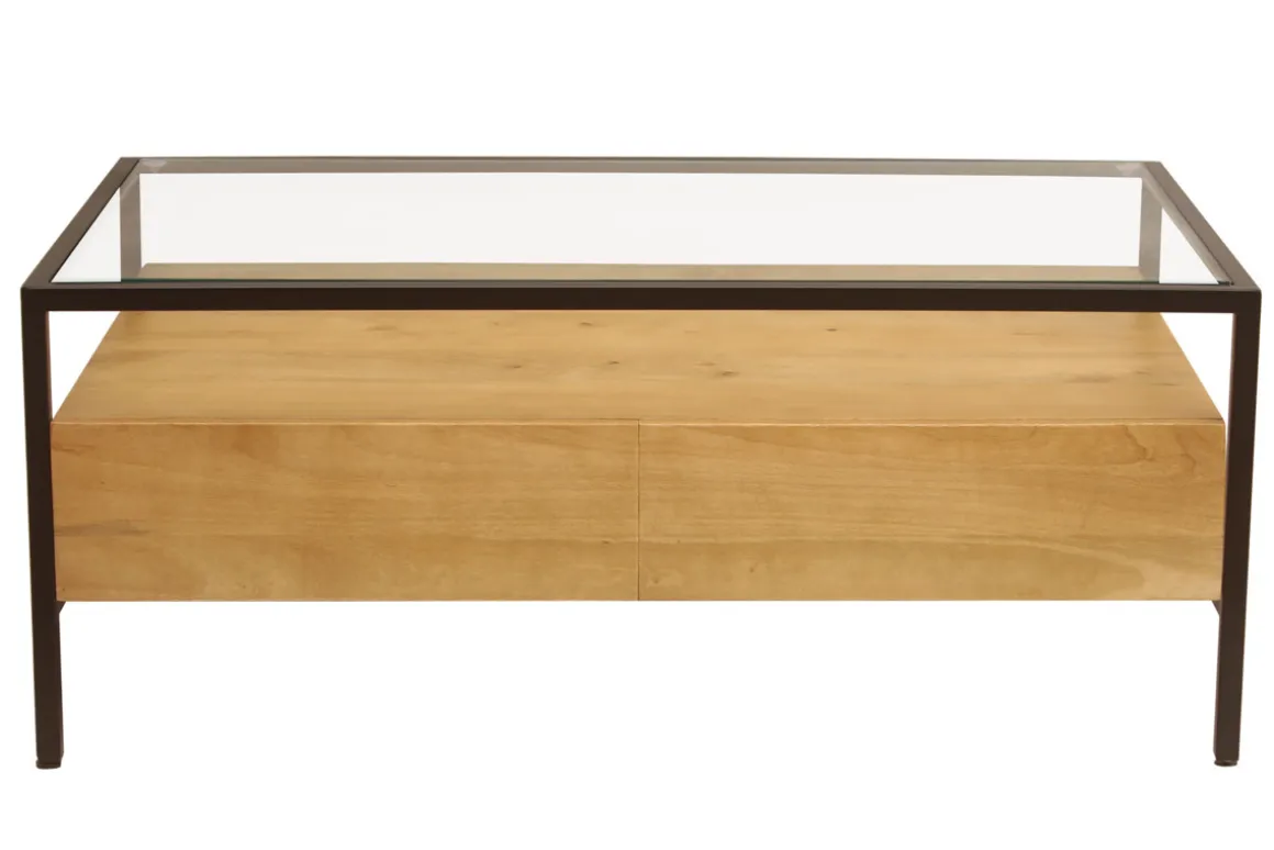 Flash Sale Miliboo Mesa de centro rectangular con almacenaje de madera maciza de mango, cristal y metal negro 100 cm SITA