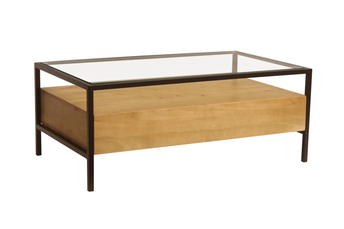 Flash Sale Miliboo Mesa de centro rectangular con almacenaje de madera maciza de mango, cristal y metal negro 100 cm SITA