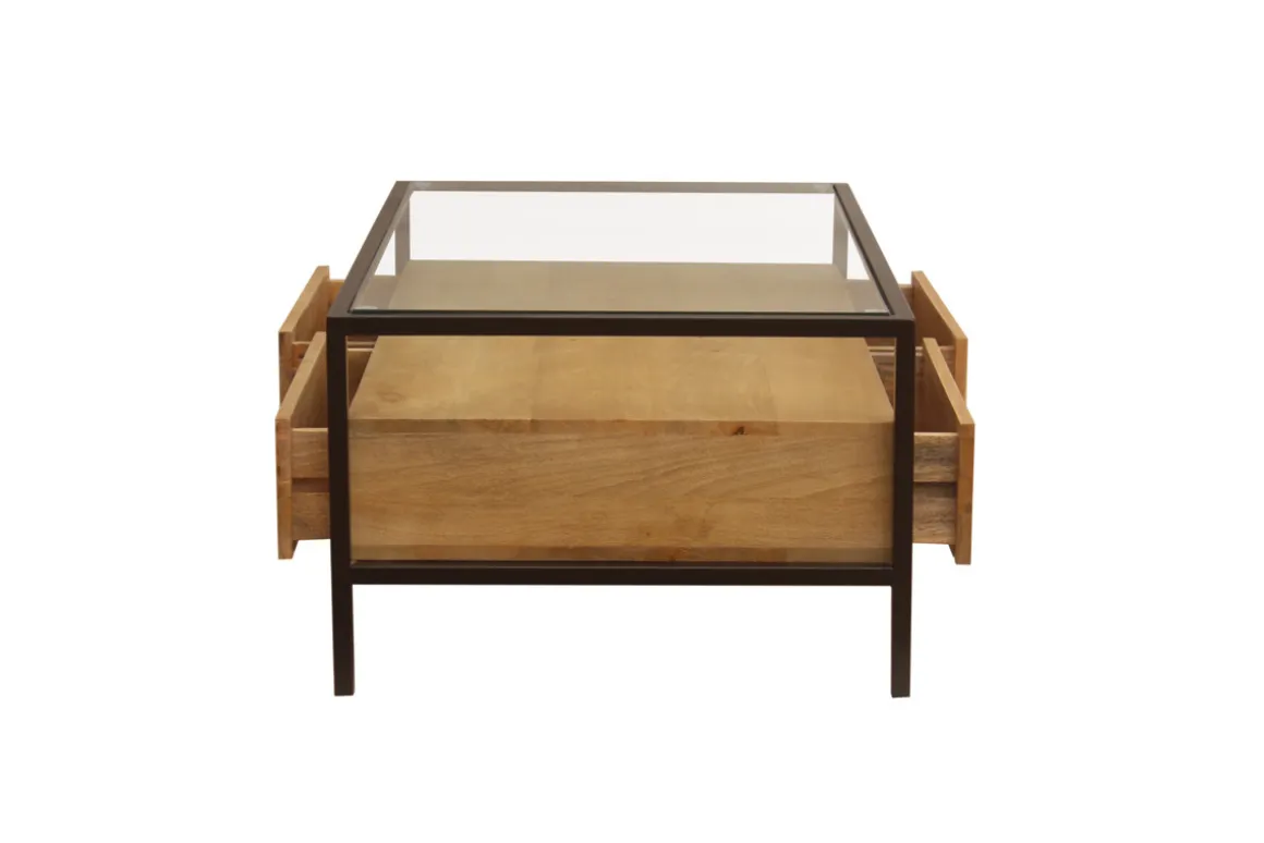 Flash Sale Miliboo Mesa de centro rectangular con almacenaje de madera maciza de mango, cristal y metal negro 100 cm SITA